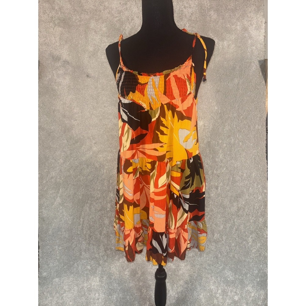 free destination tiered smocked floral tropical dress tie straps xs